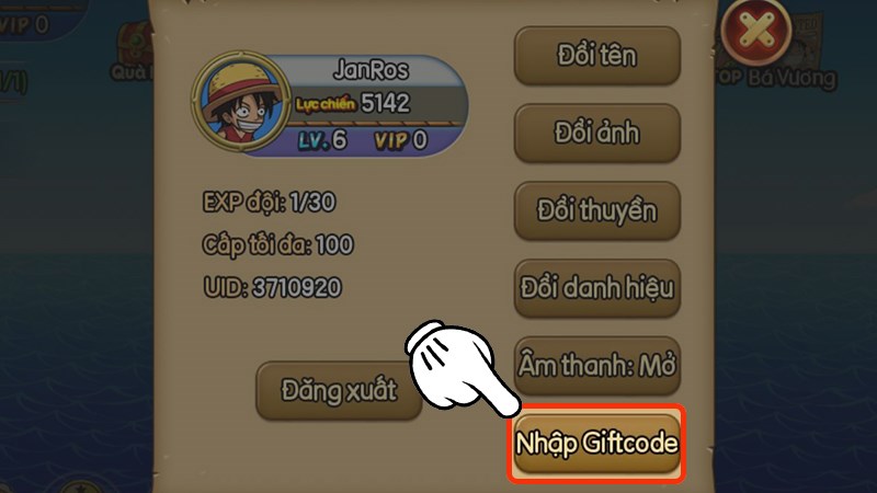 Nhấn vào Nhập giftcode 